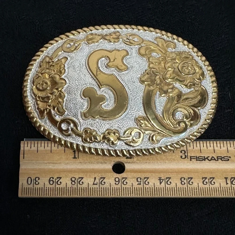 Crumrine Belt Buckle Silver Plate Jewelers Bronze Initial S Floral Western Oval